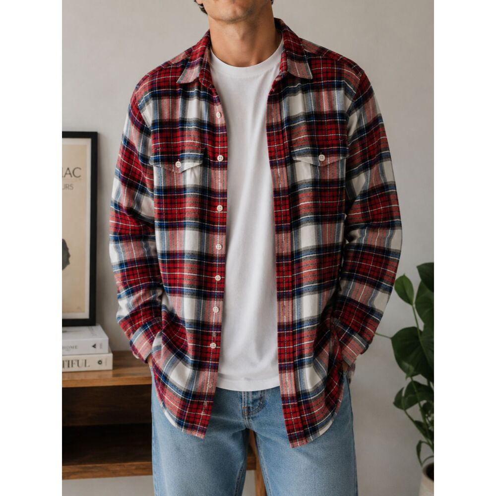 AE American Eagle Red Cotton Plaid Flannel Button Up Men's Shirt Medium Tall